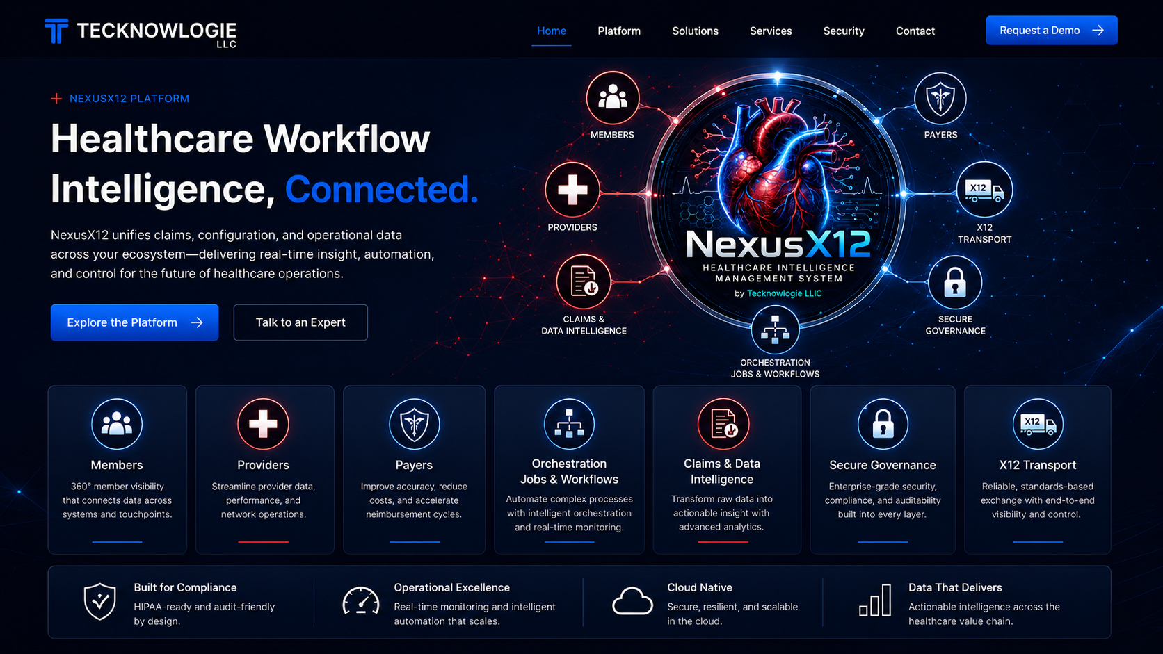 NexusX12 healthcare intelligence platform with connected members, providers, payers, claims, secure governance, and X12 transport
